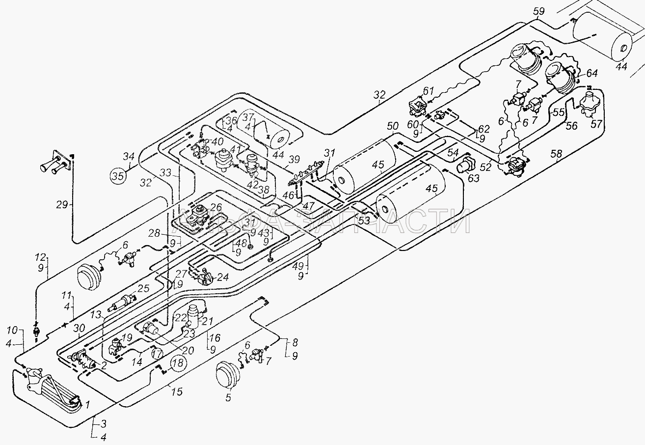 Схема тормозного привода автомобиля МАЗ-54326 (100-3519210-01 Камера тормозная передняя) 